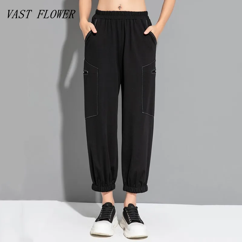 

Брюки-султанки женские с эластичным завышенным поясом, повседневные свободные штаны-султанки с карманами, одежда в винтажном стиле, уличная одежда, черные, лето 2023