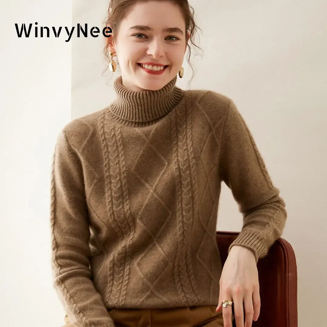 Фото Женские кашемировые шерстяные свитера WinvyNee с высоким воротником, однотонные, повседневные, свободного кроя, вязаные теплые пуловеры, верхняя одежда, зимняя коллекция A1054019 №1