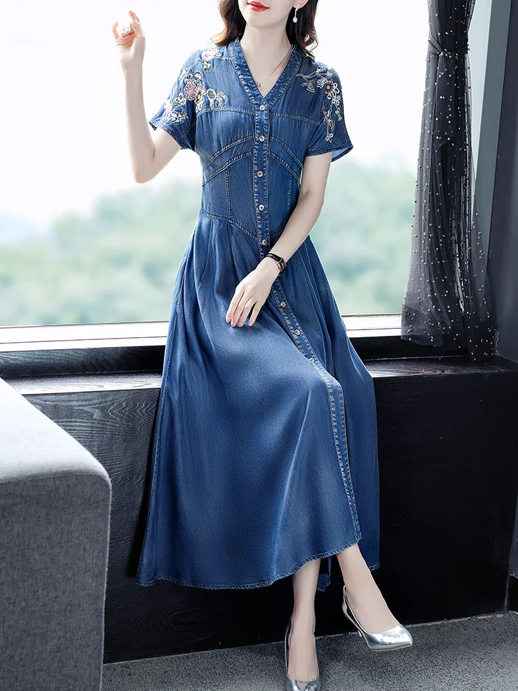 

Женское винтажное джинсовое платье, однобортное тонкое платье в национальном стиле с V-образным вырезом и вышивкой, NW22A9044, лето-осень 2022