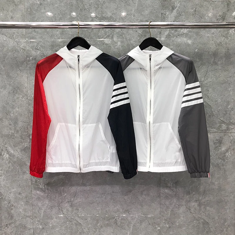 

TB THOM Jackets Summer Men's Windbreaker Fashion Brand Contrast Color Patchwork Classic Multicolor 4-Bar UV Sun Protection Coats