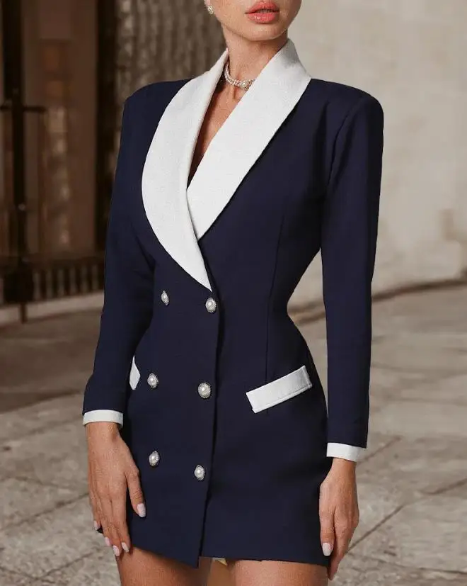 

Blazer Dress for Women Contrast Paneled Double Breasted Fashion Women's Clothing Elegant Chic Mini Blazer Work Lady Dresses