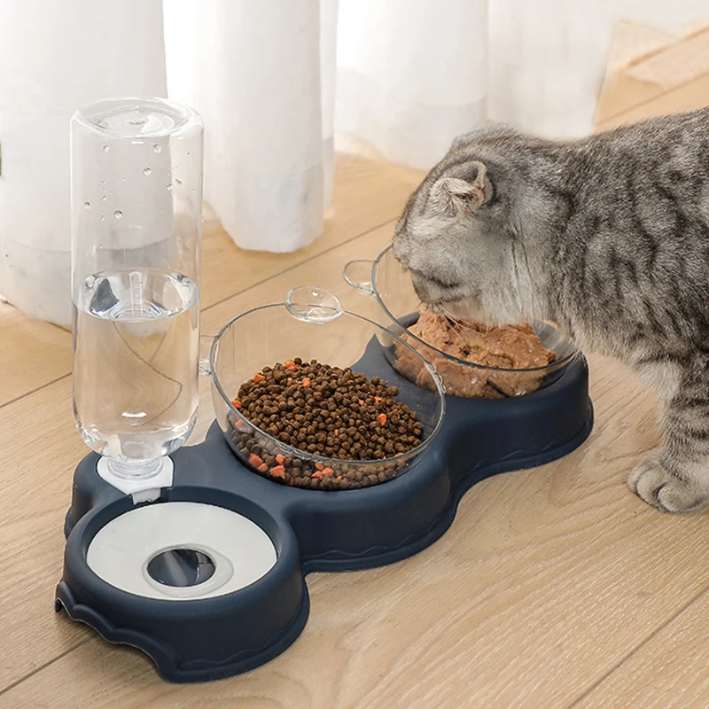 

Pet Cat Bowl Automatic Feeder 3-In-1 Dog Cat Food Bowl with Water Fountain Double Bowl Drinking Raised Stand Dish Bowls for Cats