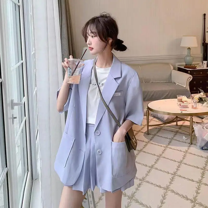 Women Short Sets New Dress Office Lady Summer Non Strech Spandex Solid Thin Korean Style Short Suits Sets Female Free Shipping