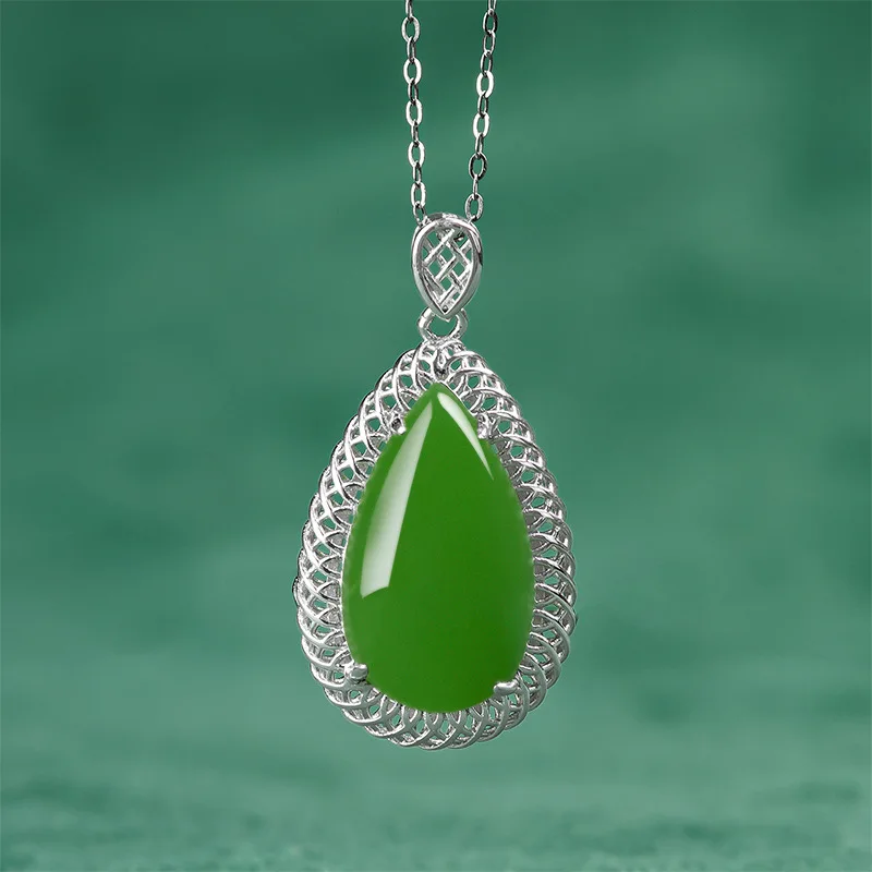 

MaiChuang/ Hand Carved/ Silver Inlaid Jasper Droplets Emerald Necklace Pendant Fashion Elegant Personality Jewelry MenWomen Gift