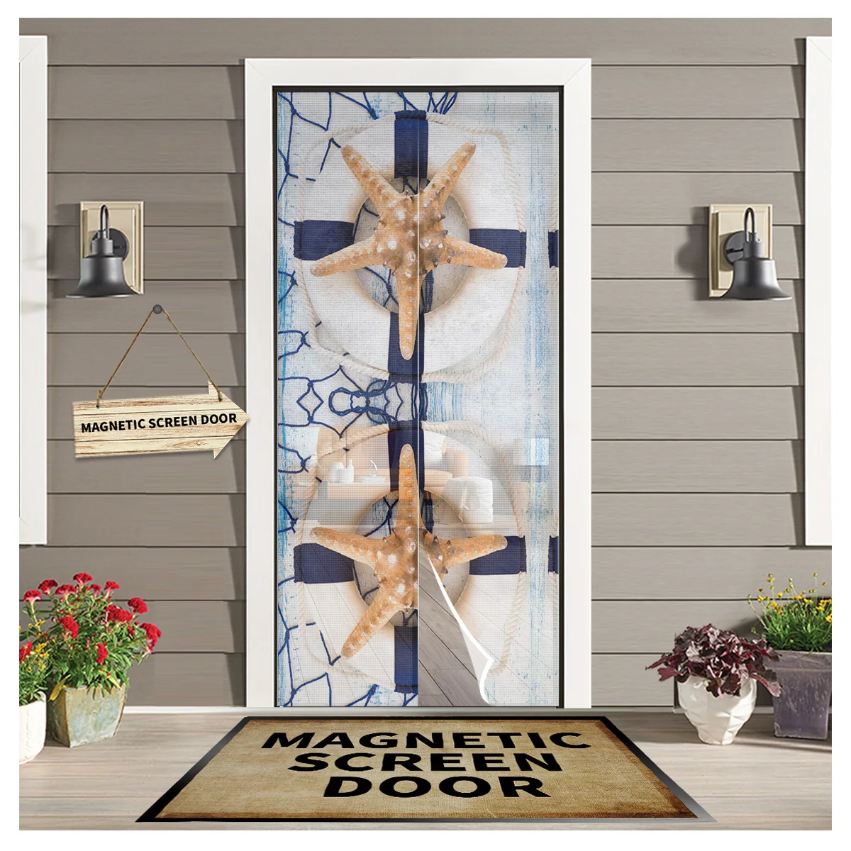 

Starfish Wood Grain Fishing Net Magnetic Screen Door Curtain Living Room Bedroom Kitchen Anti-mosquito Window Screen