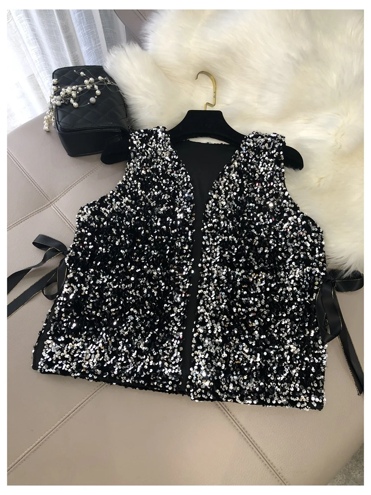 

Fashion Women's New Heavy Industry Sparkling Sequin Vest Loose Lace Short One Hundred Matching Shirts Small Cardigan Tops