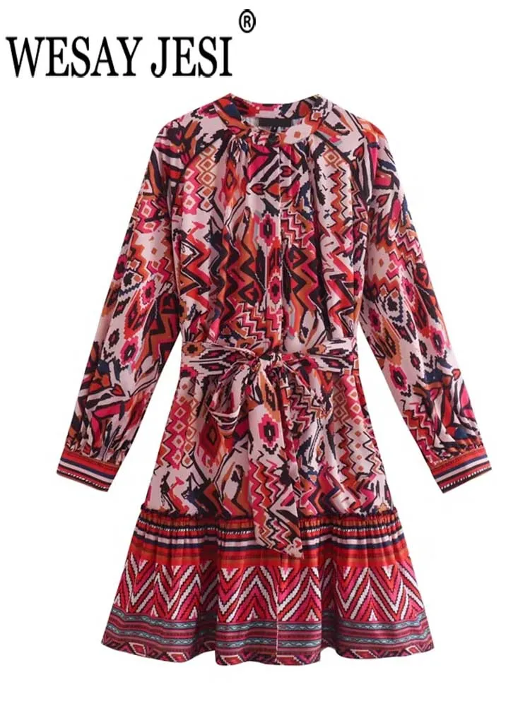 

WESAY JESI винтажное платье с принтом с длинным рукавом однобортное с круглым поясом бантом элегантное модное платье с оборками на подоле женск...