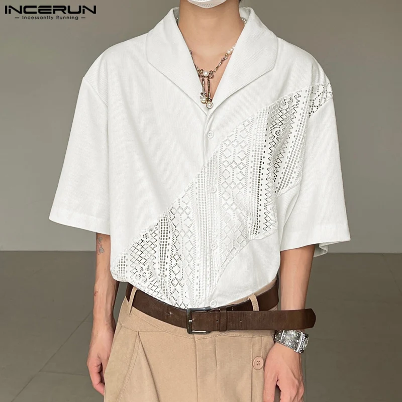 

INCERUN Tops 2023 Korean Style New Men Retro Printed Hollow Patchwork Design Shirts Casual Male Lapel Short Sleeved Blouse S-5XL