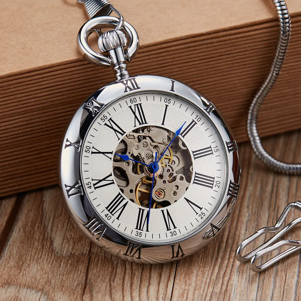 uxury Copper Golden Silver Automatic Mechanical Pocket Watch Clock Fob Chain Watch Men Roman Numbers Clock Pocket watches