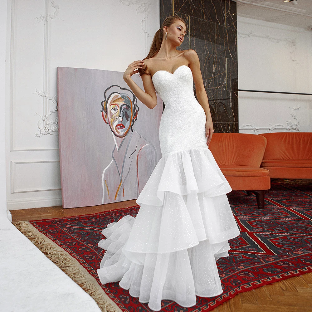 

Glitter Mermaid Wedding Dress Strapless Chic Bridal Gown Ruffles Tiered Train Floor Length Beading Luxury 2022 Vestido De Novia