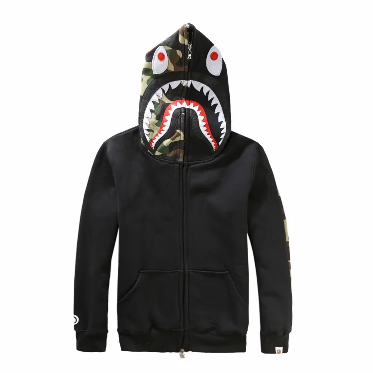 

2022 Autumn And Winter Men's Fashion Shark Camouflage Sleeve Hooded Fleece Casual Sweater Jacket