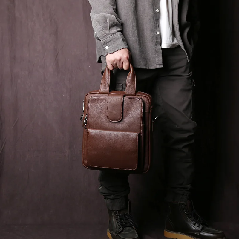 New Leather Men's Handbag Top Layer Cowhide Vertical Briefcase Retro Shoulder Men's Designer Messenger Bag 12 Inch Briefcase