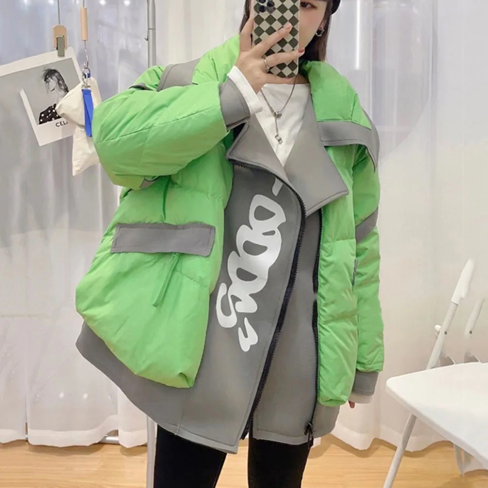 Winter Jacket Women Parkas European Streetwear Lapel Loose White Duck Down Coat Female Fashion Stitching Warm Overcoat 2022