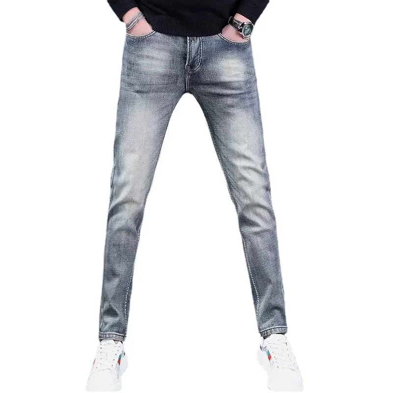 Men's Vintage Light Blue Jeans Autumn Streetwear Slim Fit Straight Pants Casual Cotton Scratched Denim Trousers CP2158