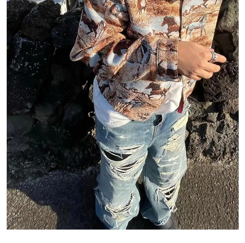 New Pants for Men High Street Knife Cut Damaged Trendy Brand Washed Old Trendy Brand VIBE Straight Leg Wide Leg Mens Jeans