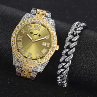 2pcs full iced out watches for men bracelet bling bling luxury watch jewelry for men gold watch hip hop mens watch set relojes