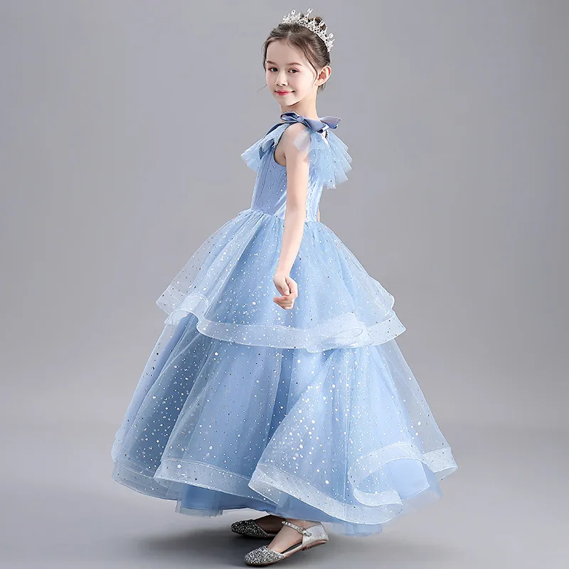 Blue Double-Layer Girl Princess Skirt New Girl Hostess Dress Skirt Length Girl Flower Girl Wedding Dress