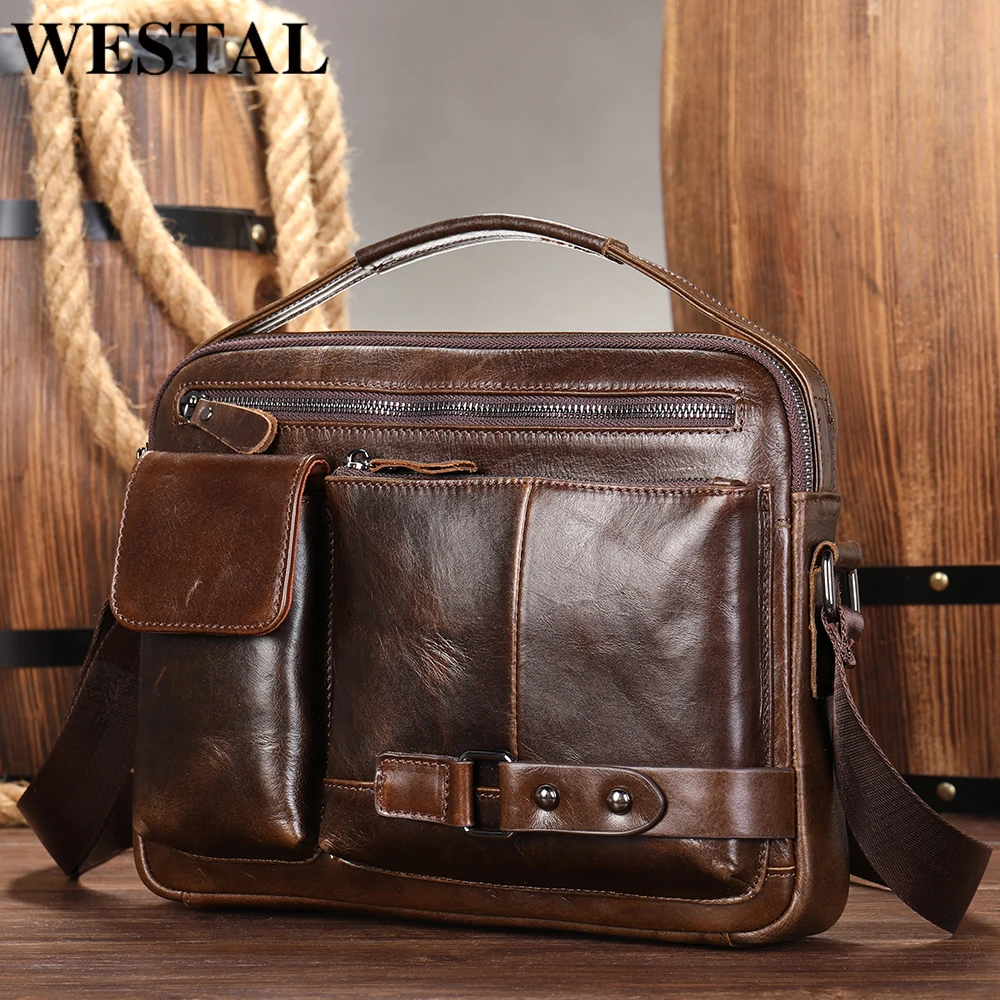 

WESTAL Men's Shoulder Bag Crossbody Pack Leather Porte Document Office For Male Side Bags Briefcase Laptop 7.9 Inch
