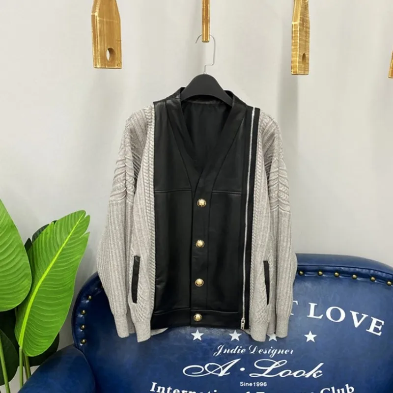 

2023 кожаное пальто, уличная женская вязаная куртка из овчины, осенне-зимнее Свободное пальто из натуральной кожи с V-образным вырезом, повседневное однотонное