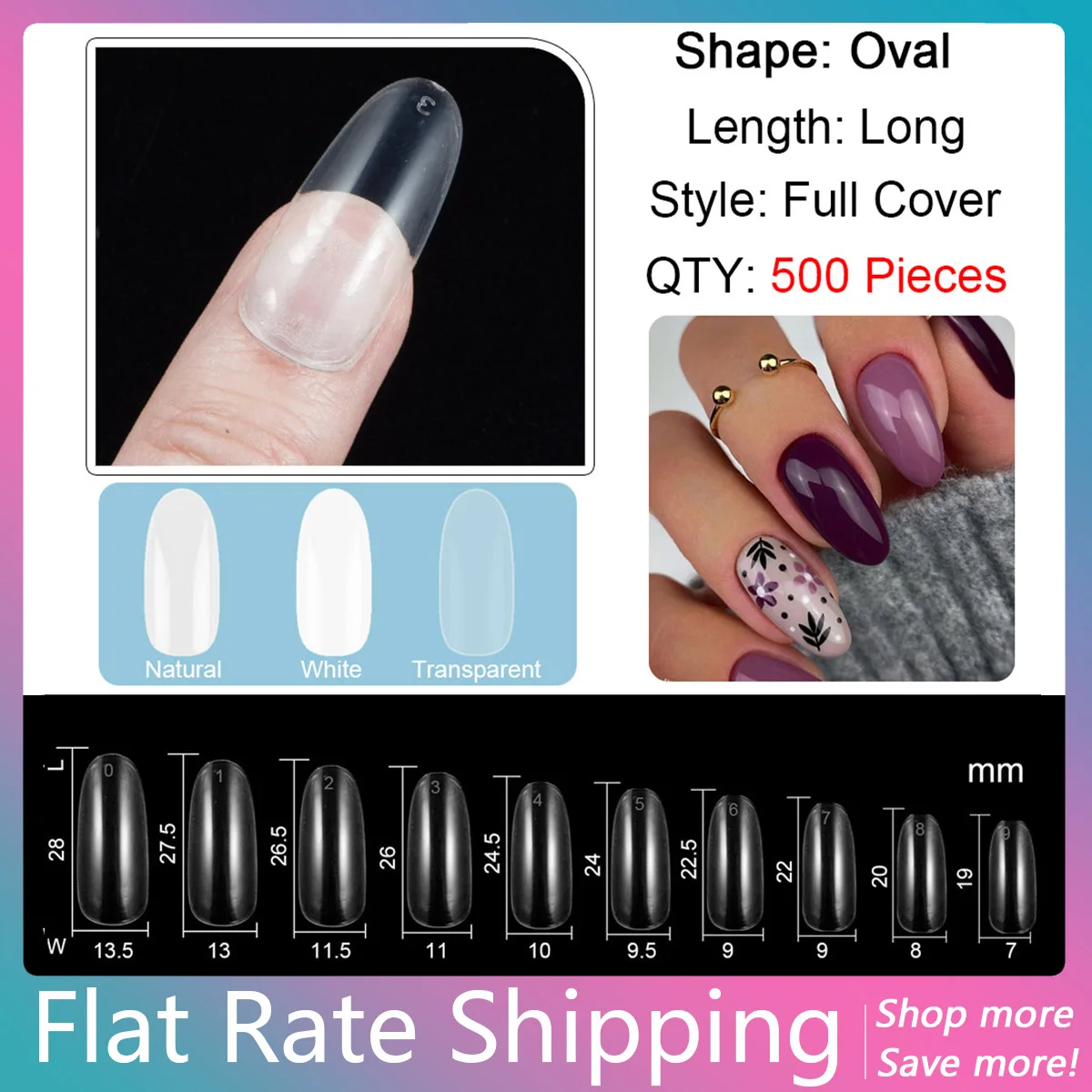 

Flat Rate Shipping Oval Shape Long False Nail Tips Nail with Colors 500 Pieces Full Cover Nail Tips Long Press on Acrylic Nails