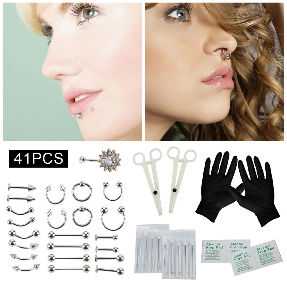 

41PCS/Set Stainless Steel Professional Piercing Navel Tool Kit Belly Ring Tongue Tragus Nipple Lip Eyebrow Nose Body Jewelry