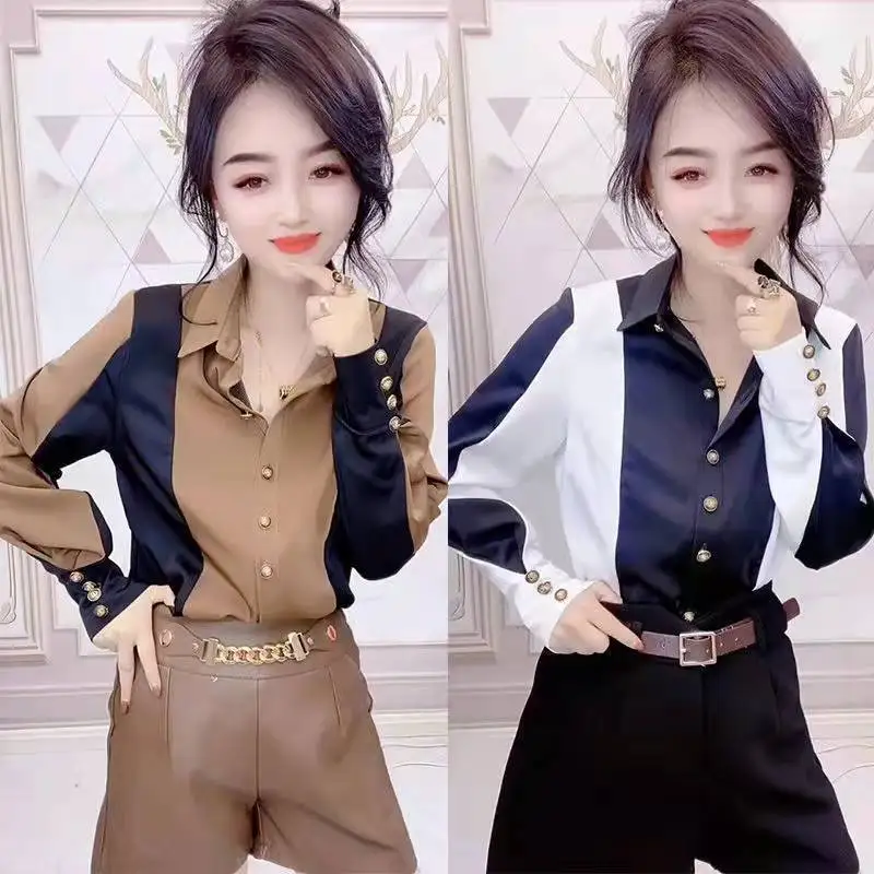 

Woman Autumn Fashion Button Up Shirt Female Patchwork Vintage Blouse Ladies Long Sleeves Loose Street Shirts Blouse Tops G240