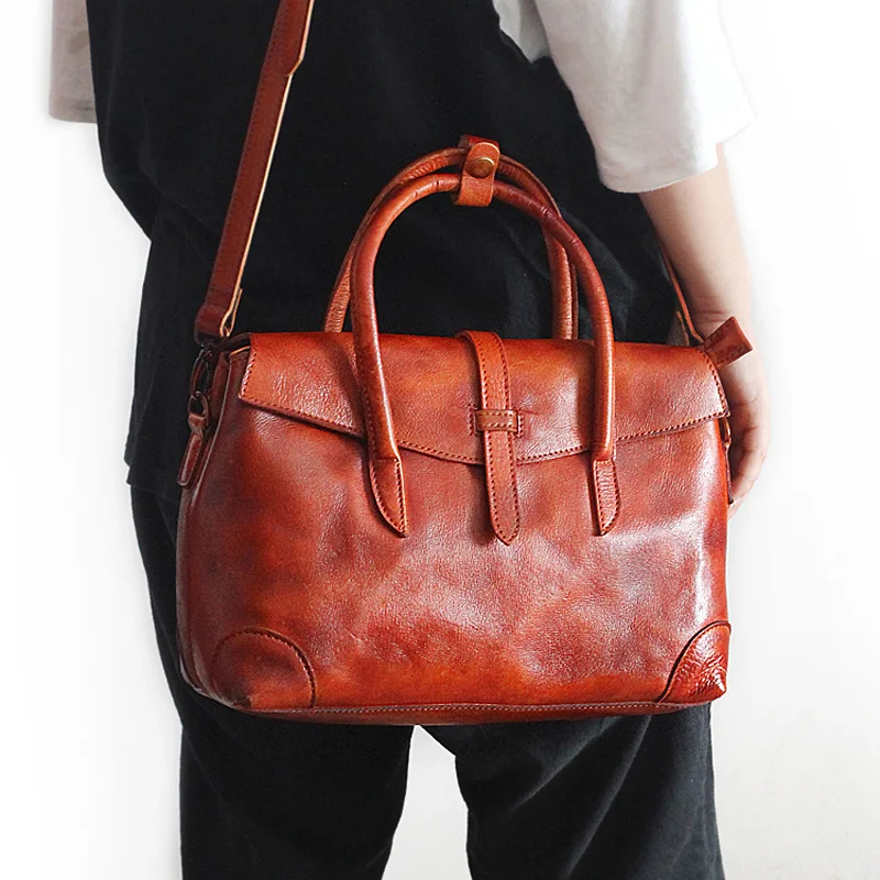 New Handbag European And American Retro Tote Bag Hand Painted Vegetable Tanned Cow Leather One Shoulder Cross Body Women's Bag