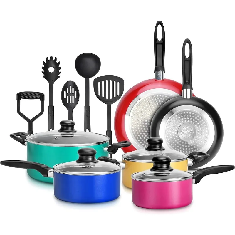 

15-Piece Nonstick Kitchen Cookware Set Colorful Heat Resistant Lacquer w/Saucepot, Frying Pans , Oven Pot, Lids, 5 Utensil
