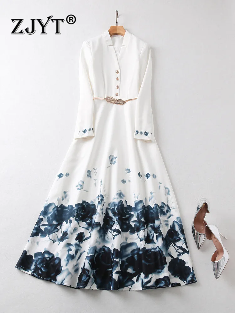 

ZJYT Fashion Runway Designer Floral Print Long Maxi Dress for Women Autumn Clothes 2022 Elegant Full Sleeve White Party Vestidos