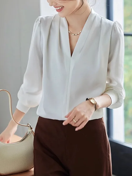 Французские легкие роскошные атласные рубашки с v-образным вырезом и длинными