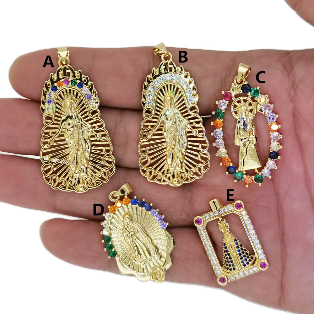 

18K Gold Round Rectangular Virgin Mary Jesus God Of Death Pendant Amulet Exquisite Inlaid Colored Zircon Jewelry Making