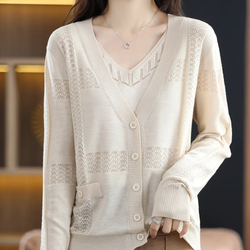 

Worsted wool T-shirt women V-neck empty cardigan spring and autumn new knitted tops casual loose solid color women's wool jacket
