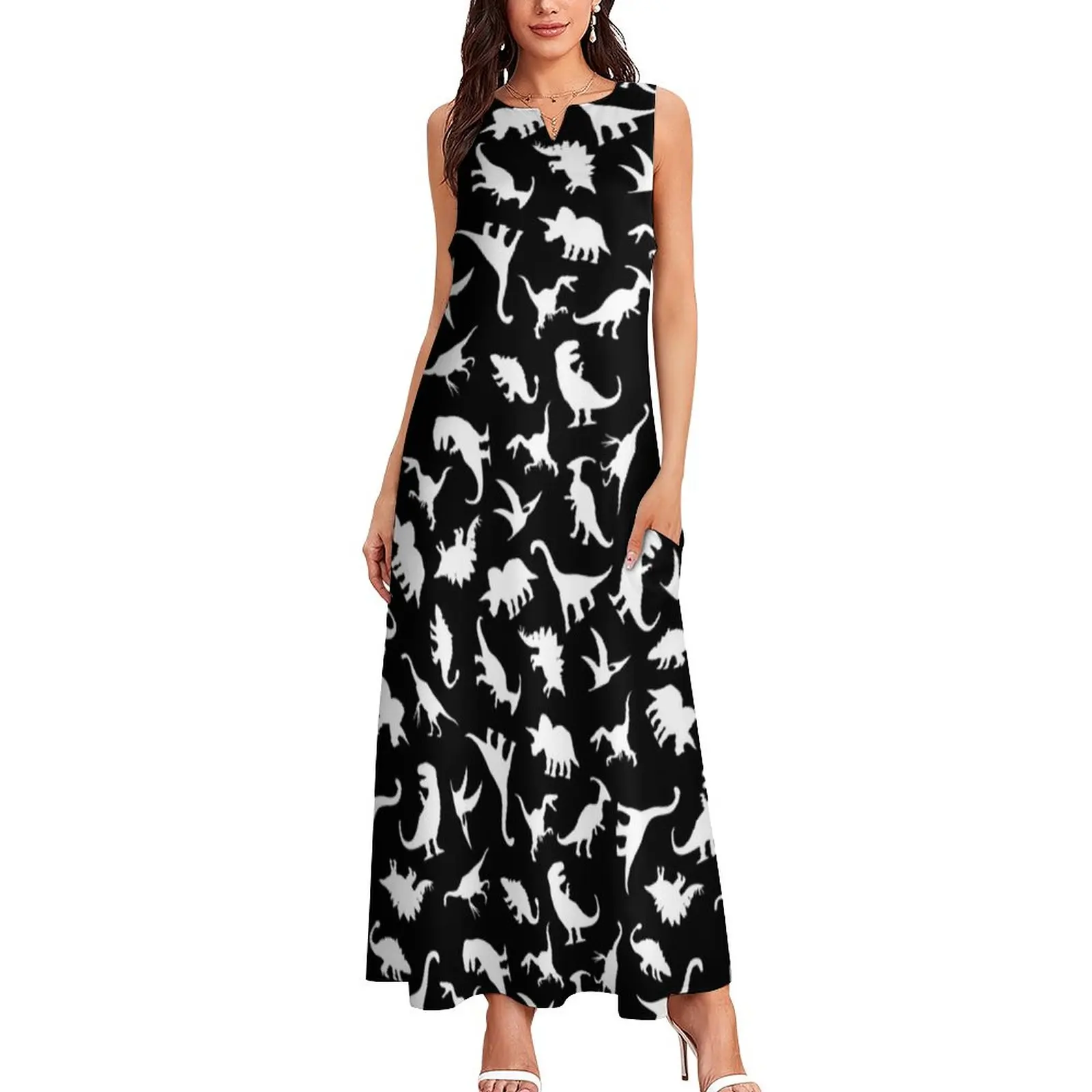 

Fun Dinosaurs Dress White on Black Graphic Cute Dino Vintage Maxi Dress Aesthetic Casual Long Dresses Print Vestido Big Size 5XL