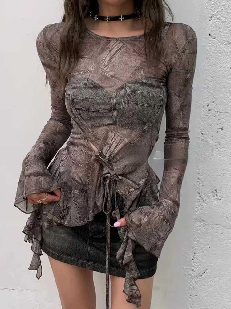 Женская блузка с винтажным принтом Облегающая рубашка в стиле Харадзюку