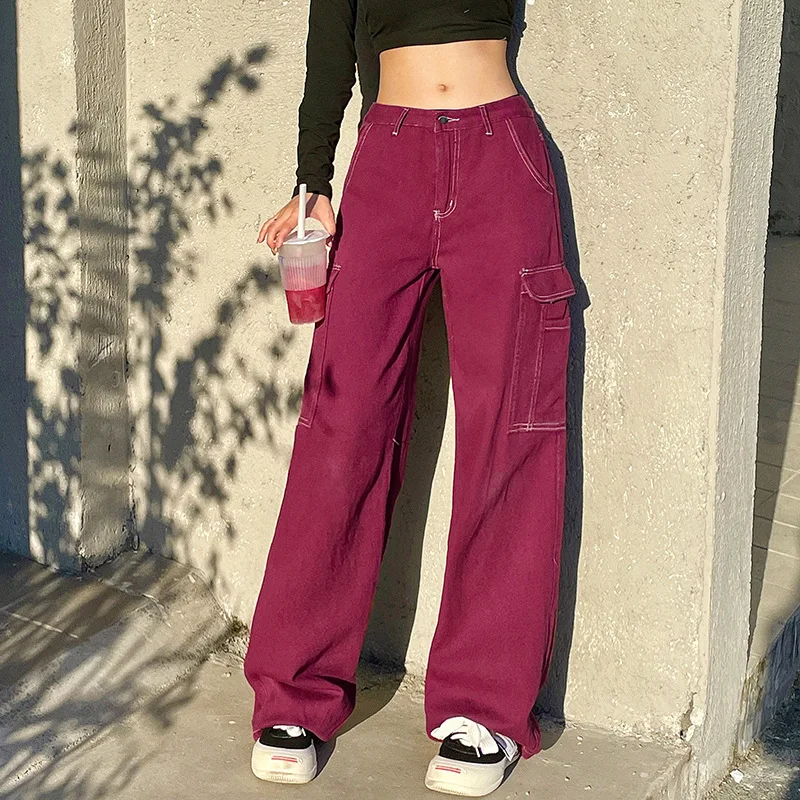 Y2k Girl Autumn New Fashion Straight Wide Leg Casual Jeans Women Denim Trousers Overalls Pants Vintage Streetwear Cargo Pants