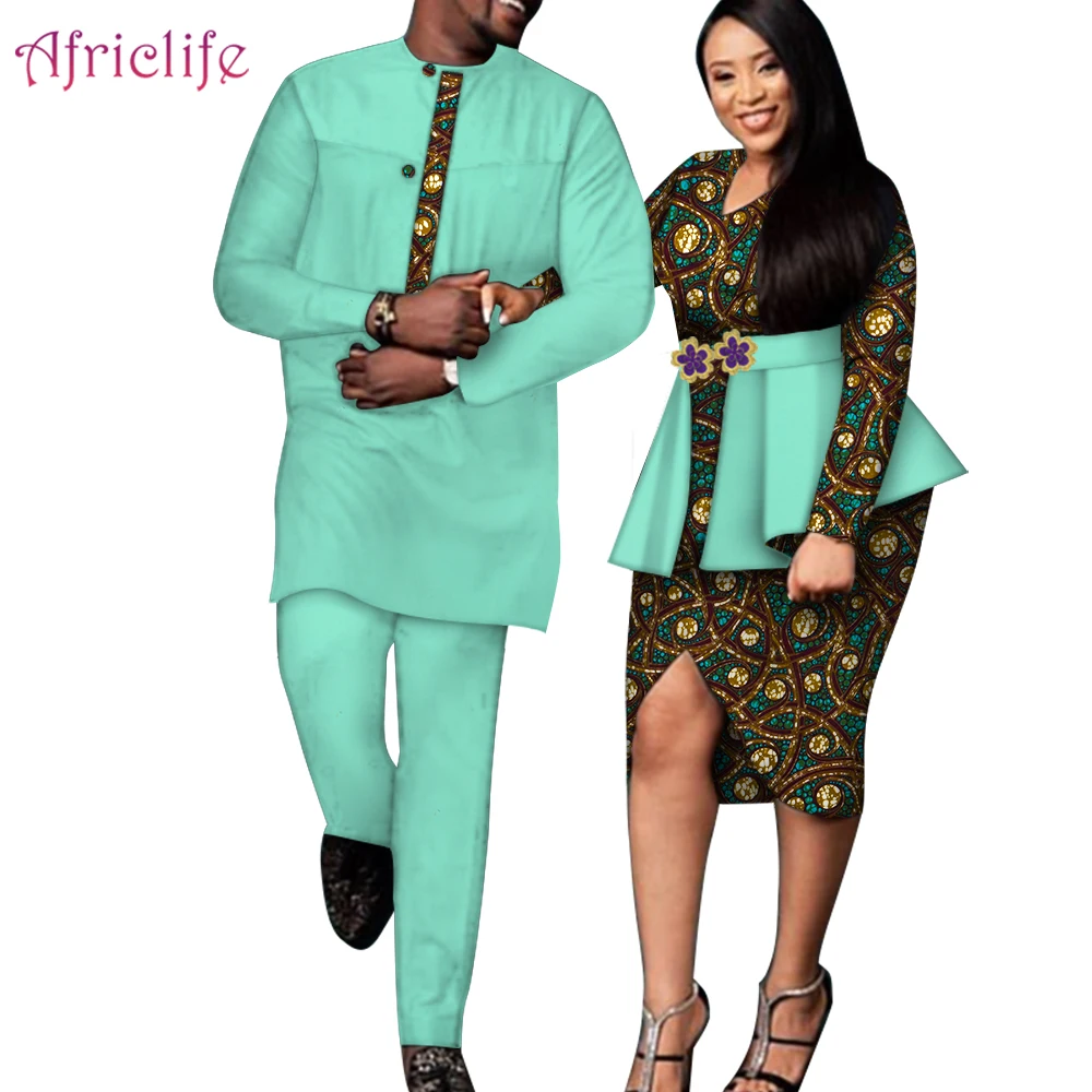 Traditional African Couples Clothes for Fall Spring Wedding Dresses Men Pant Suit and Women Skirt Sets Couples Clothing WYQ418