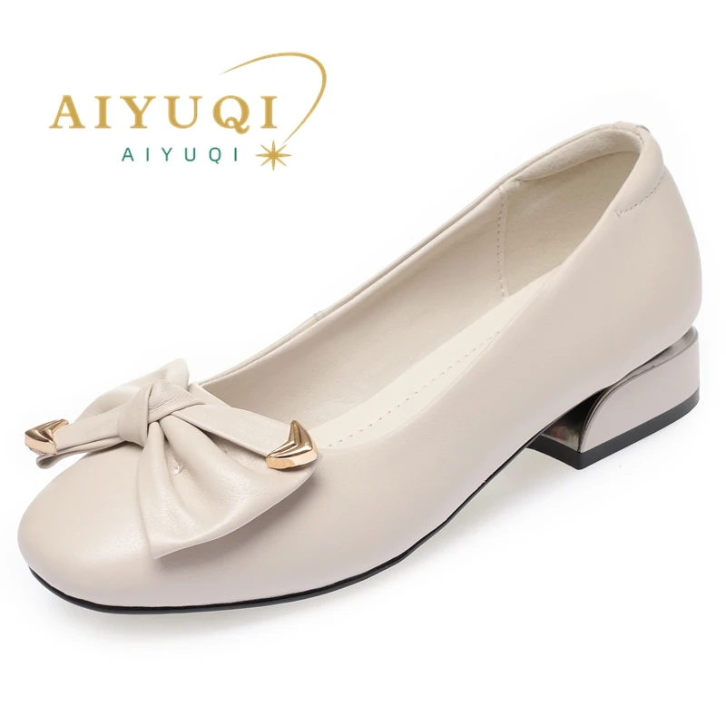AIYUQI Women's Spring Shoes New 2023 Genuine Leather Mid-heel Red Shoes Women Round Toe Shallow Bow Women Shoes
