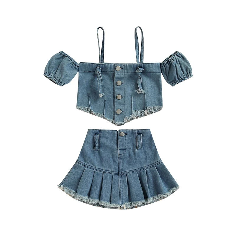 

Женский летний модный комплект одежды для девочек, 2 предмета, джинсовый однобортный Топ с открытыми плечами + плиссированная юбка
