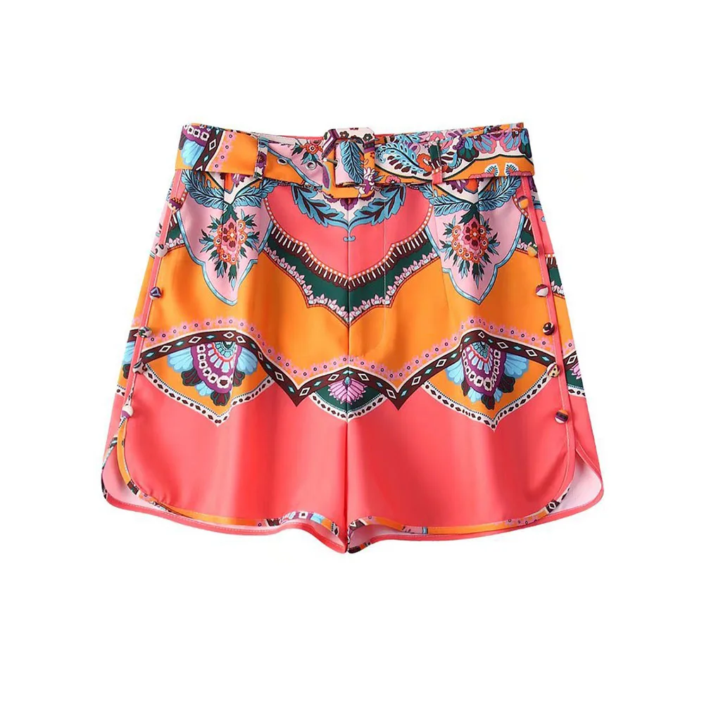 

PB & ZA2022 summer new women's fashion elegant retro loose slimming belt decorative high waist printed shorts