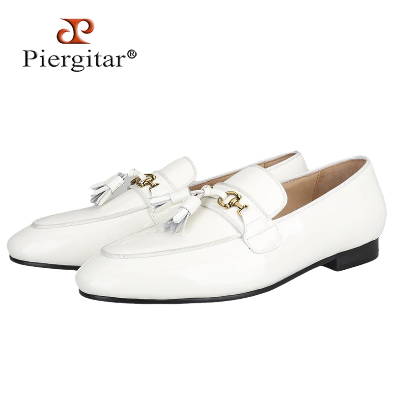 

Piegitar New Ivory White Patent Leather Men's Loafers Handmade Copper Buckle Tassel Moccasin For Party And Wedding Slip-On Flats