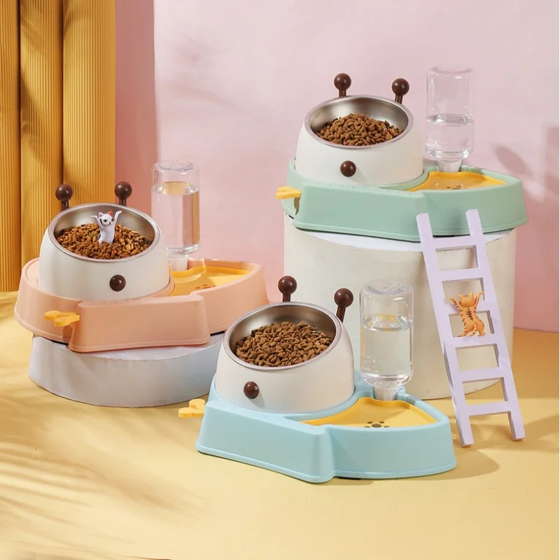 3-в-1 миска для домашних животных из нержавеющей стали защита шеи кошек кормушка