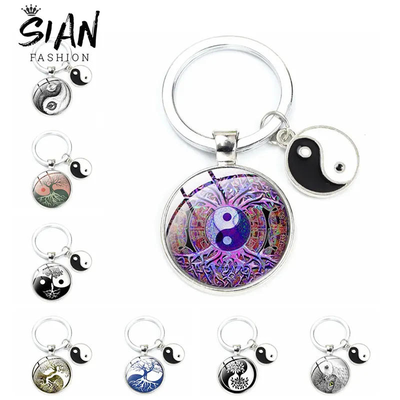 

Classic Black White Yin Yang Life Tree Pattern Pendant Keychain Enamel Drop Oil Tai Chi Charms Keyring Purse Handbag Accessories