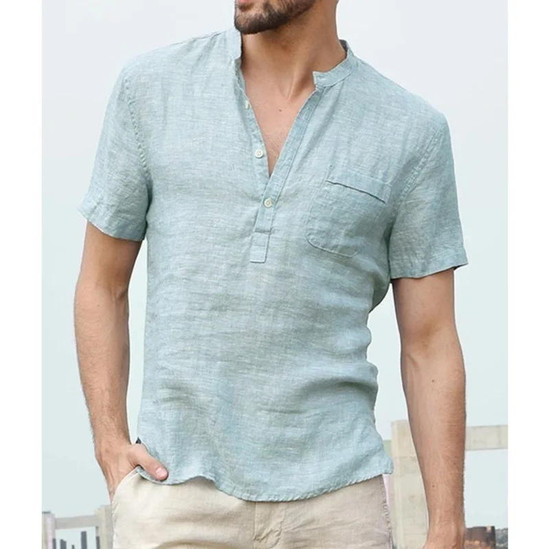 

Mens Linen Shirt Solid Color Curved Hem Short Sleeve Male Beach Casual Henley Shirts