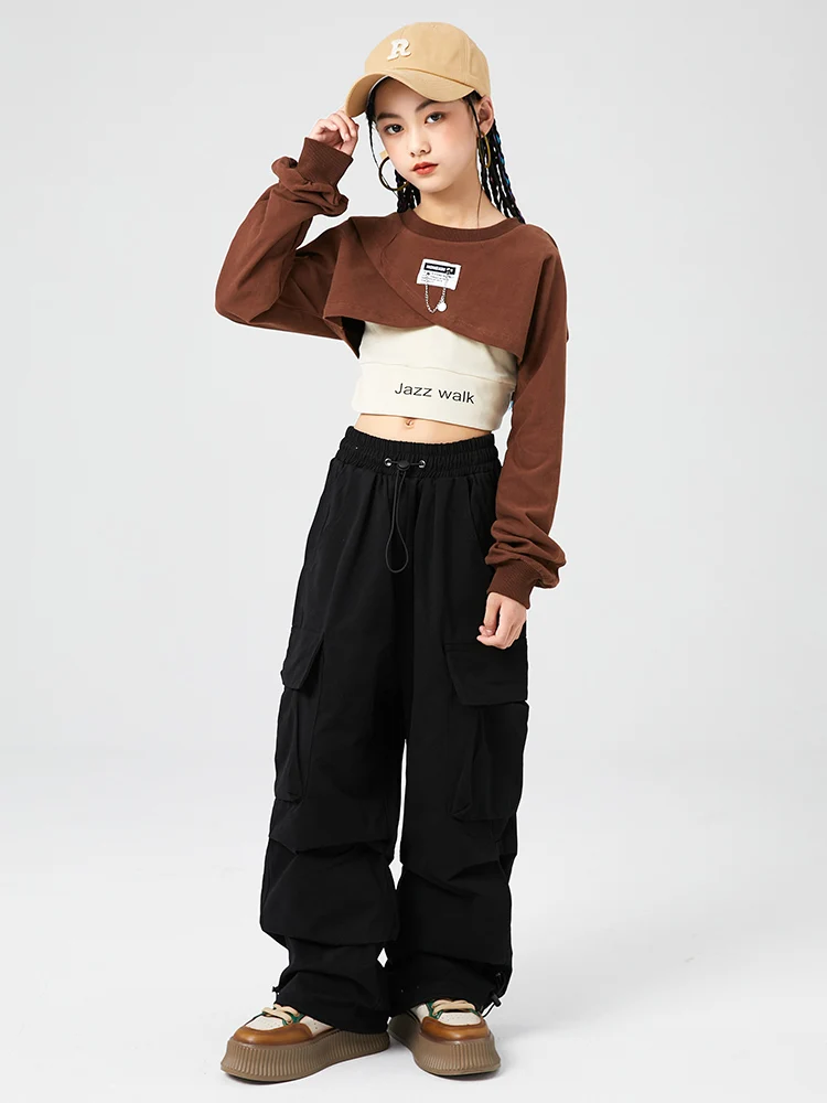 

Kpop Hip Hop Clothes For Girls Autumn Long Sleeves Crop Tops Black Hiphop Pants Modern Dance Performance Costume Rave Wear L9343