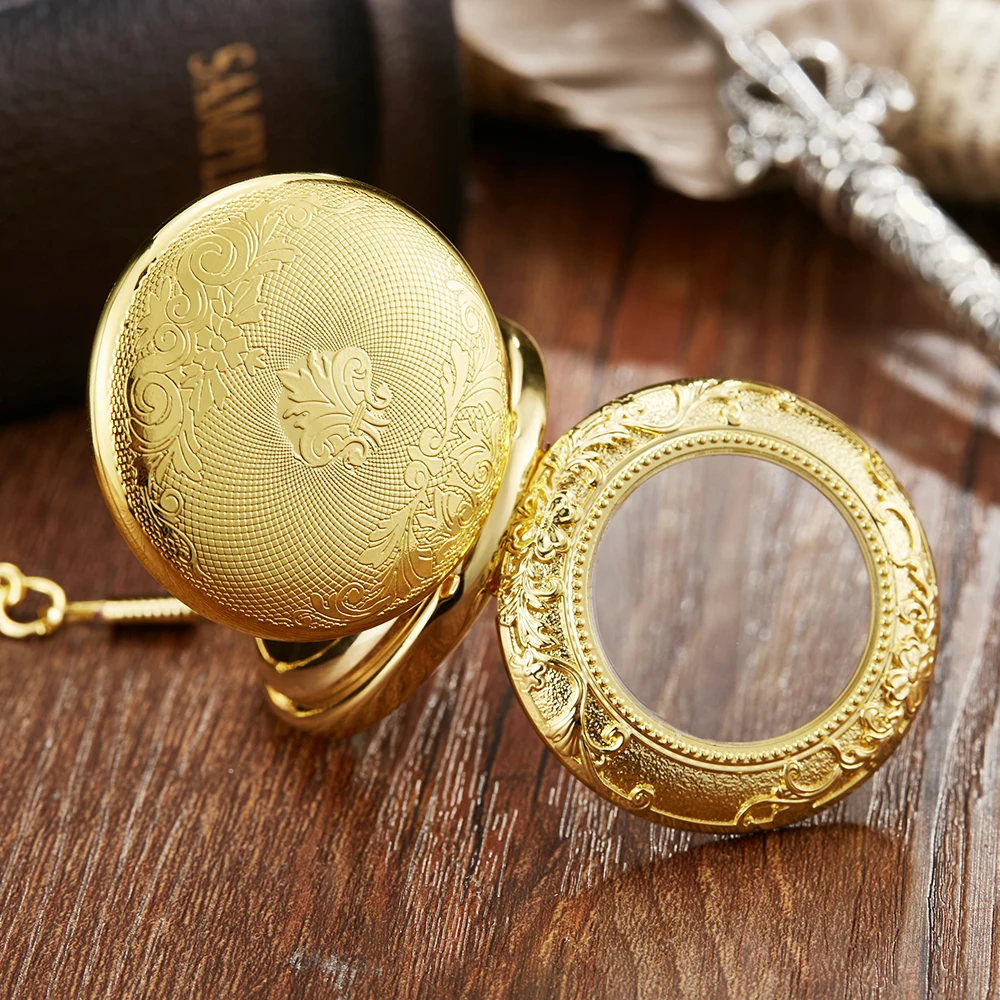 Luxury Gold Mechanical Pocket Watch Exquisite Dial Retro Engraving Double Cover Hollow Hand Wind Clock Men Gifts Pendant Chains