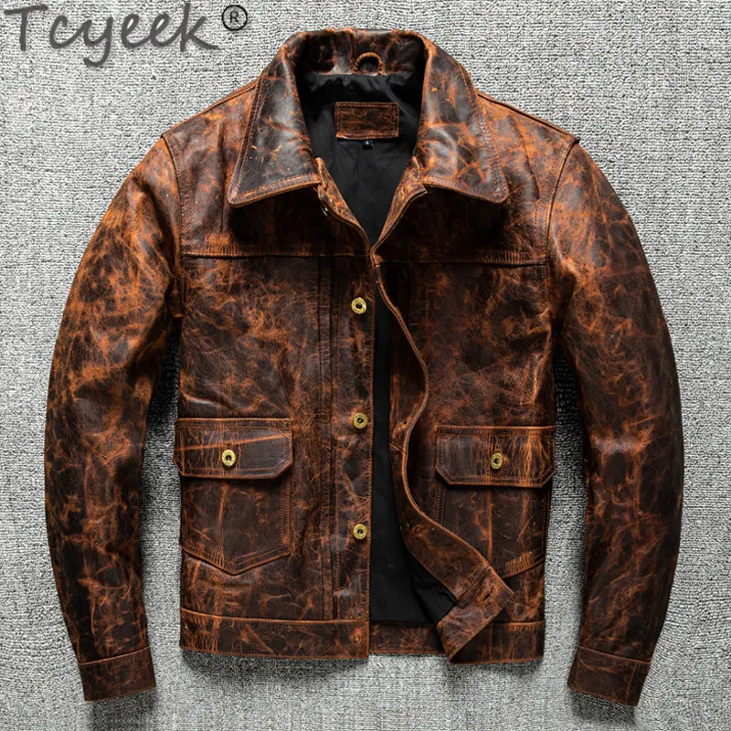 

Куртка Tcyeek мужская из натуральной кожи, верхняя одежда из конской шкуры, винтажные облегающие жакеты, LM549, весна-осень