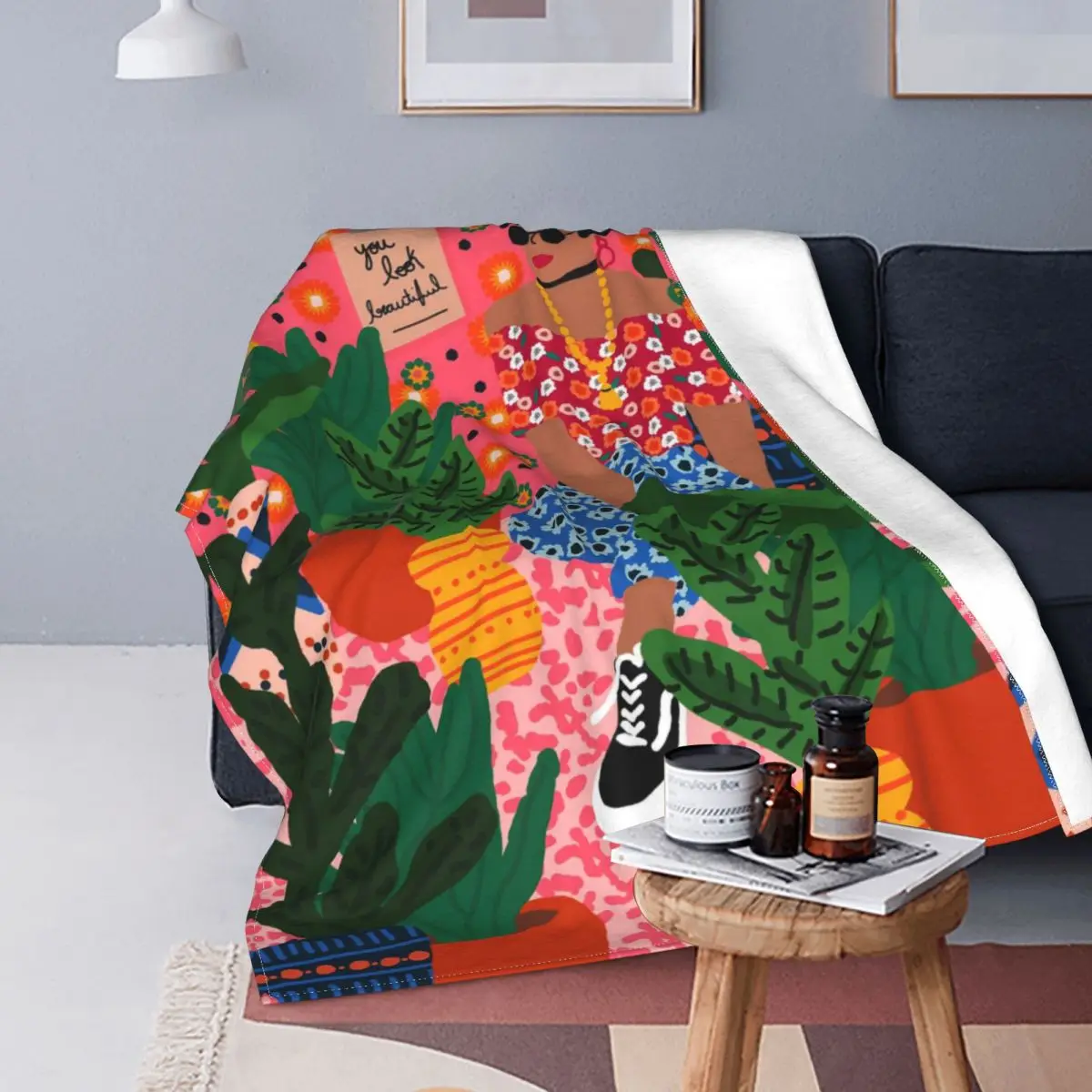 

Colorful Flower Minimalist Girl Abstract Vintage Flannel Throw Blankets Rafaela Mascaro Blanket for Sofa Car Soft Bedroom Quilt