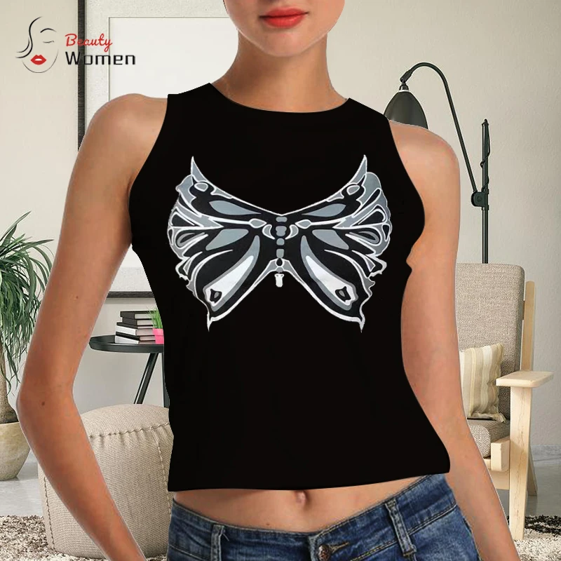

2022 Summer Tank Top Women Sexy Butterfly Print White Casual Short Vest Colors Summer Slim Strap Sexy Crop Top Women Vest Y2k
