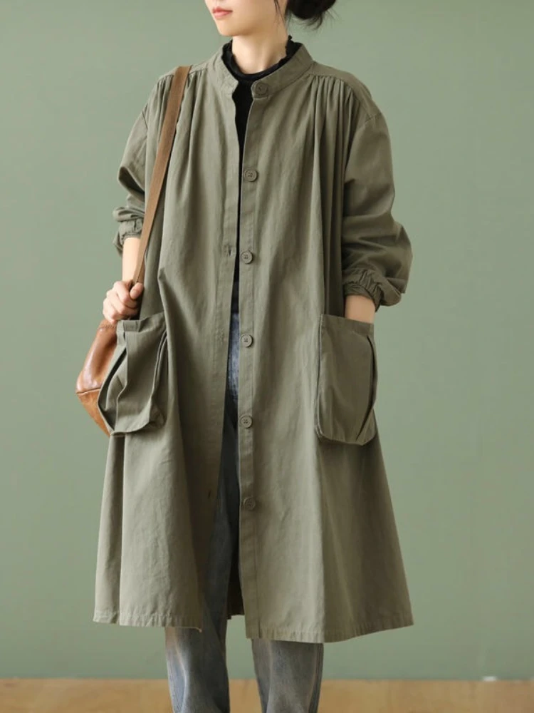 

Autumn New Women's Windbreaker Mid-length Retro Loose Stand Collar Long-sleeved Casual Jacket Long-sleeved Jacket Coats Women