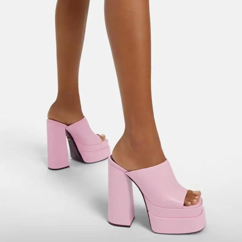 

2022 Summer New High Heel Peep Toe Sandals Platform White Black Sandals Block Heel Ladies Sandals Pink